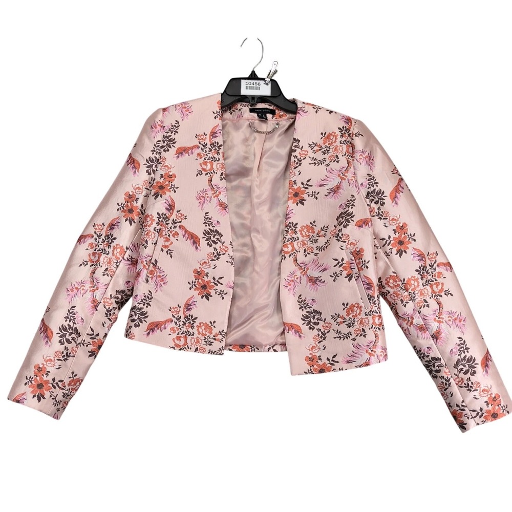 New Look‎ Jacket Womens 8 Pink Floral Brocade Jacquard Open Front Lined Pockets
